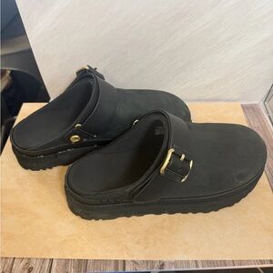 UGG Black Mules with Gold Buckle